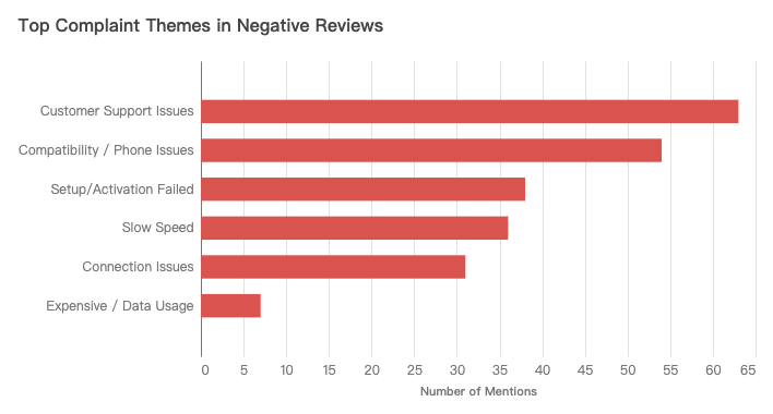 A bar chart of the most common complaints, with 'Connection Issues' and 'Customer Support' being the top two.